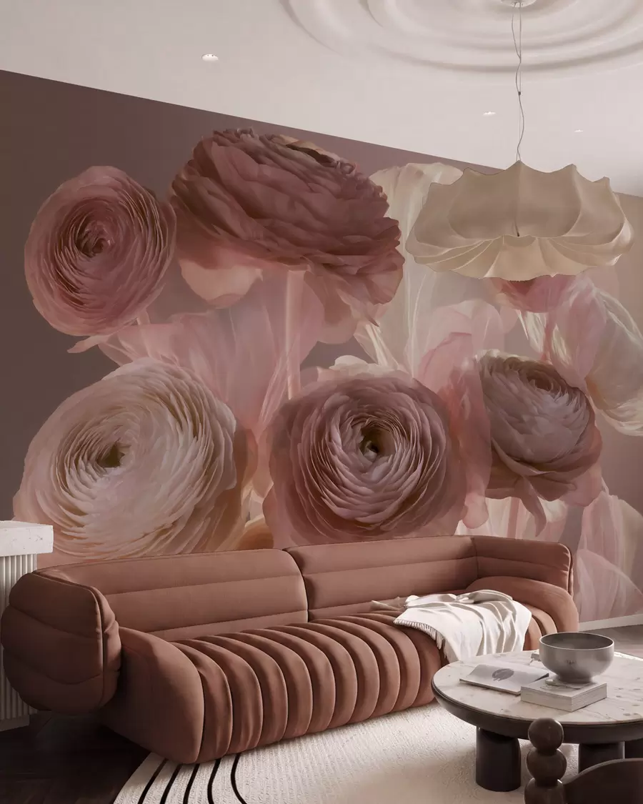 Fotobehang Grote, kunstzinnige ranonkels in zachte roze en crèmekleurige tinten w09921
