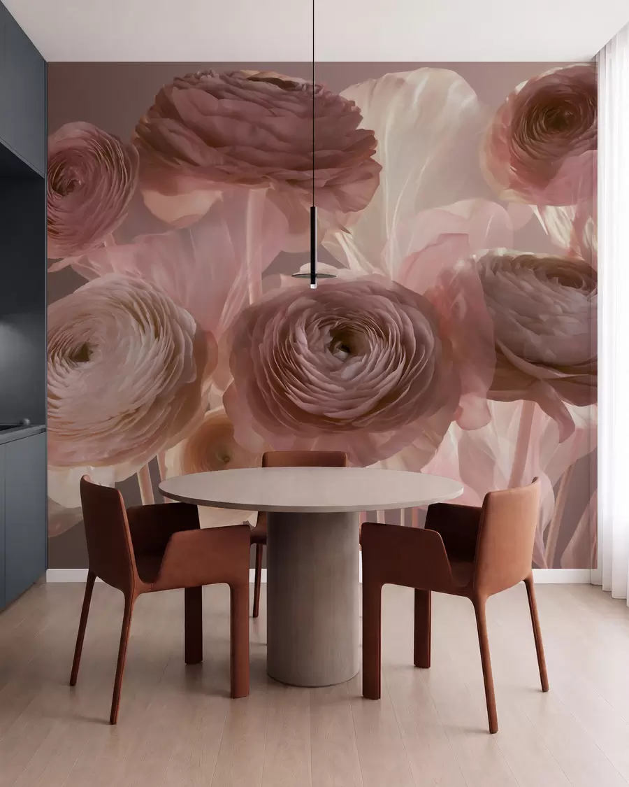 Papier peint photo Grandes fleurs de renoncule au style artistique, dans des tons de rose pâle et de crème w09921