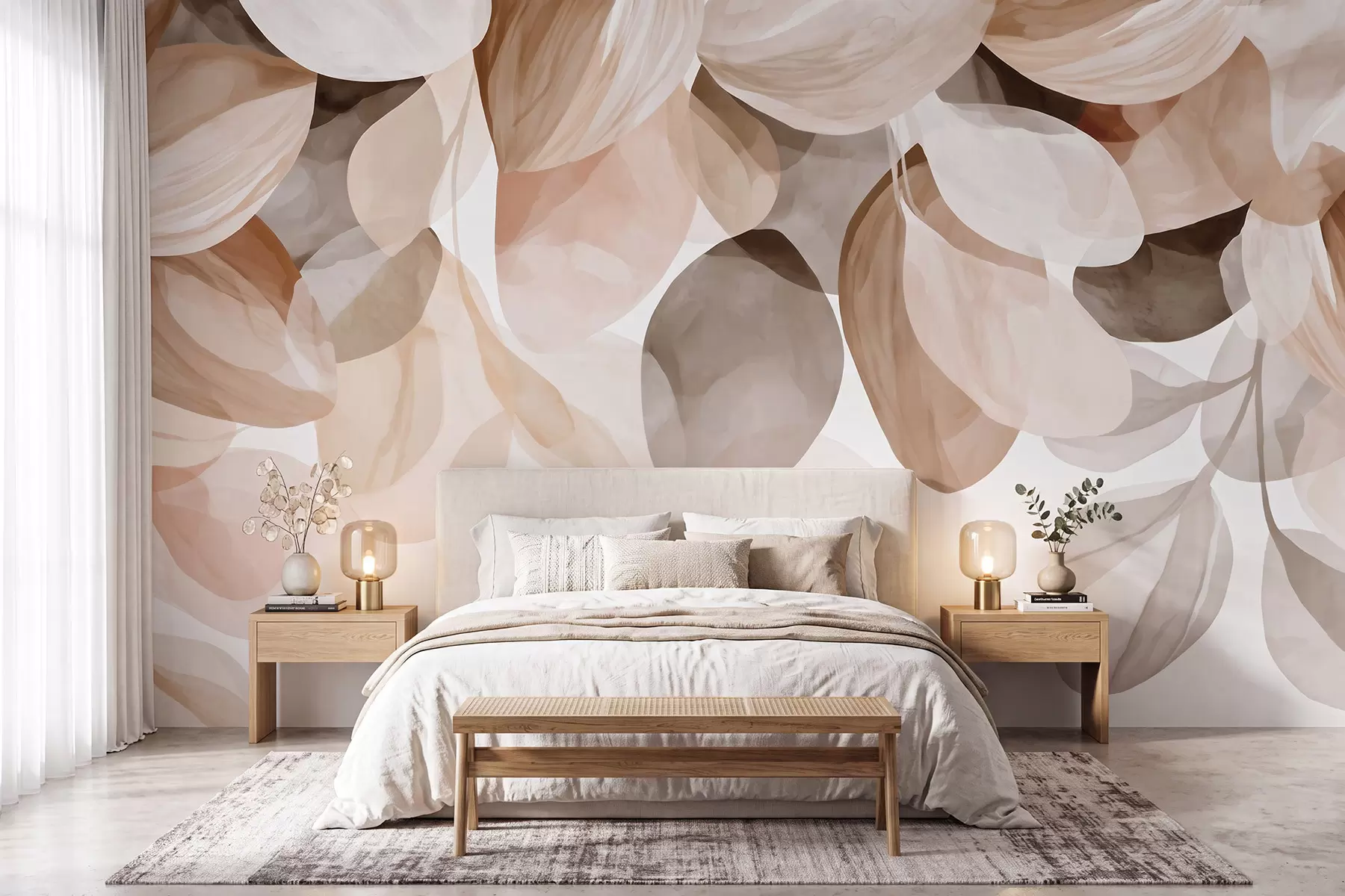 Fotobehang Beige hangende bladeren in aquarelstijl w09923
