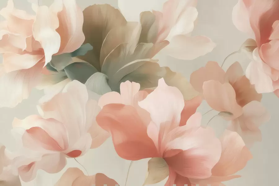 Fotobehang Grote, kunstzinnige bloemen in zachte pasteltinten van crème, roze en groen w09935