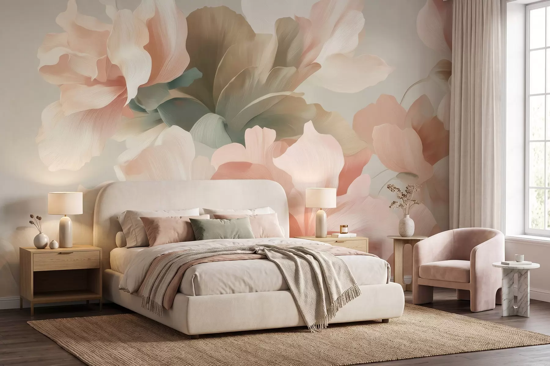 Fotobehang Grote, kunstzinnige bloemen in zachte pasteltinten van crème, roze en groen w09935