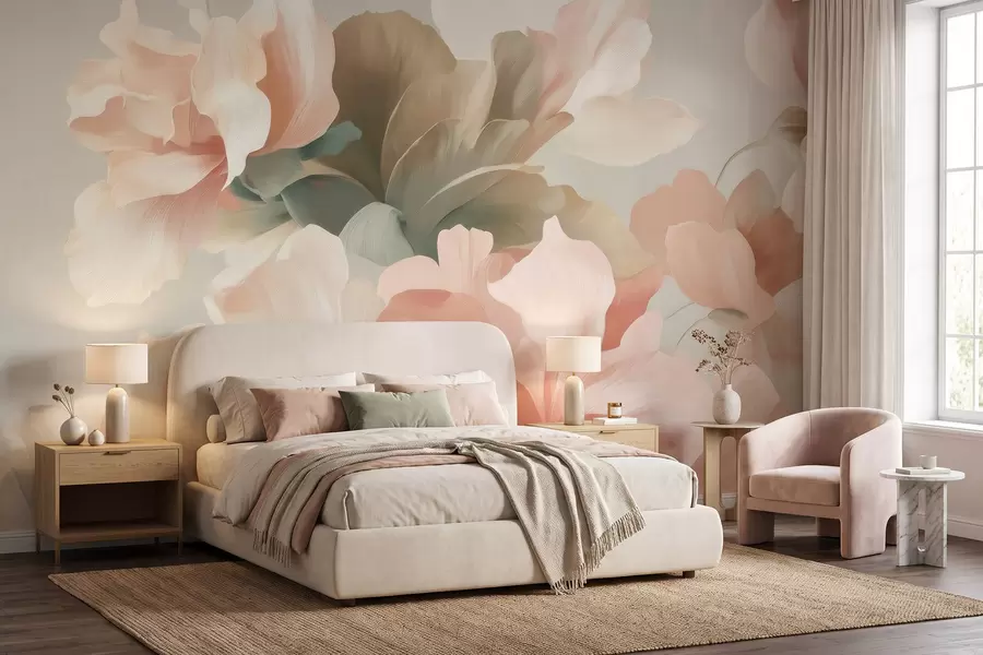 Fotobehang Grote, kunstzinnige bloemen in zachte pasteltinten van crème, roze en groen w09935