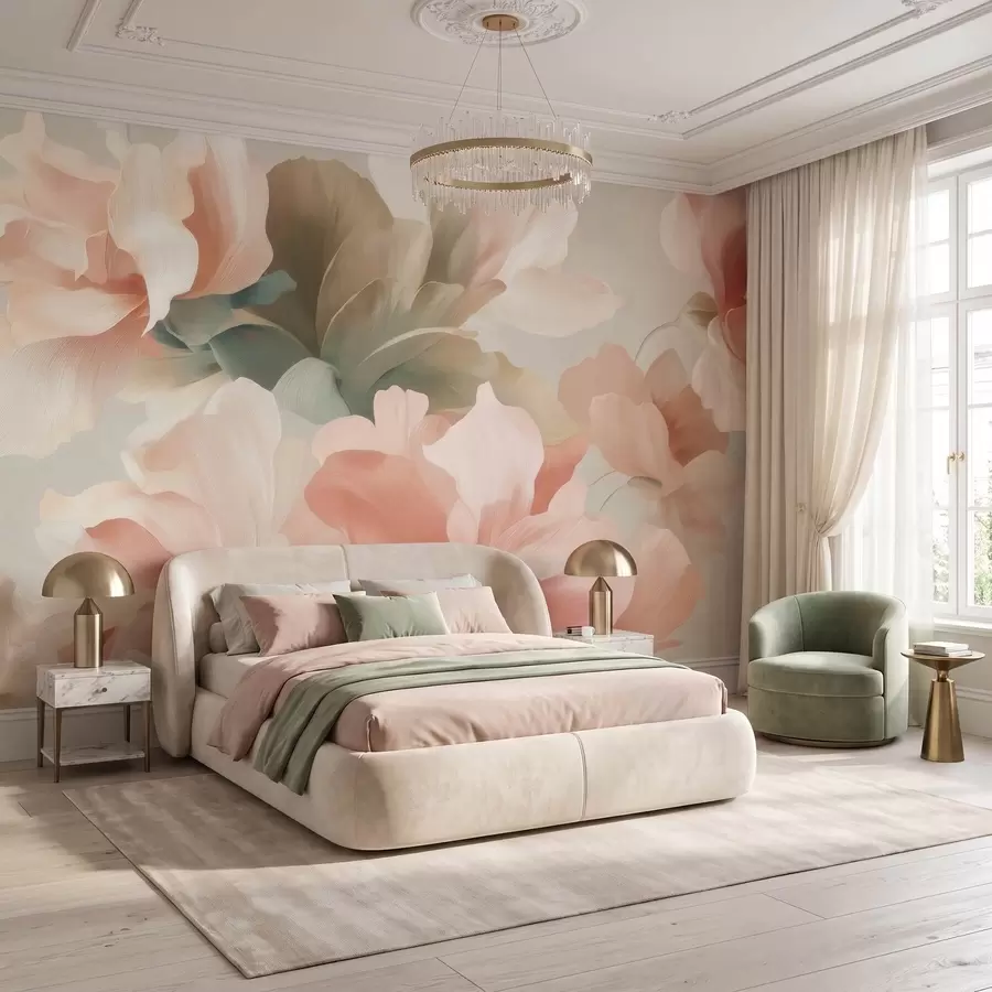Fotobehang Grote, kunstzinnige bloemen in zachte pasteltinten van crème, roze en groen w09935
