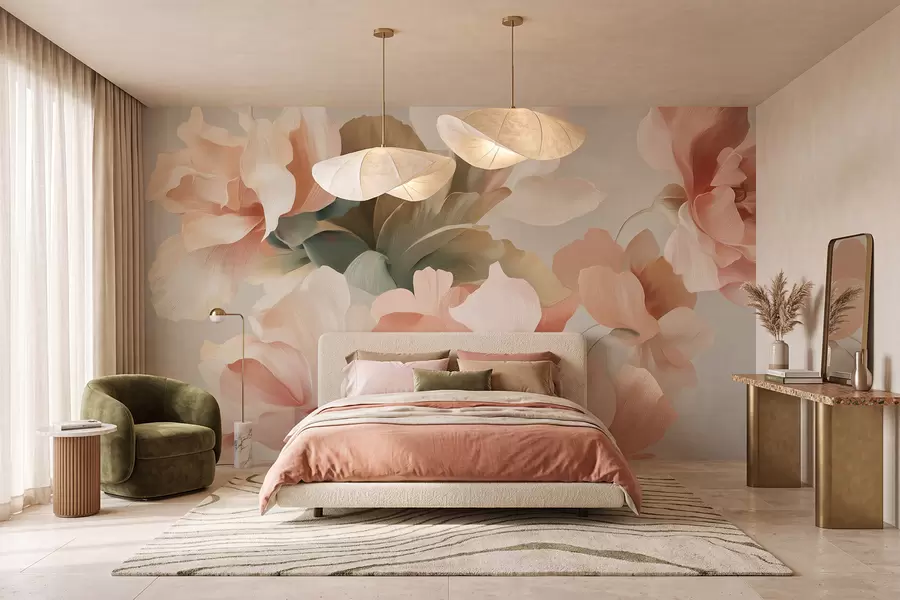Fotobehang Grote, kunstzinnige bloemen in zachte pasteltinten van crème, roze en groen w09935