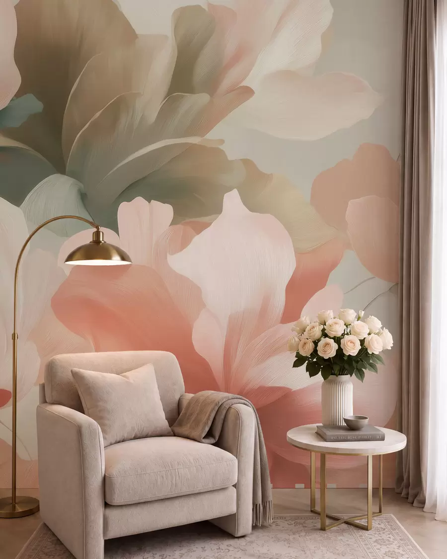 Fotobehang Grote, kunstzinnige bloemen in zachte pasteltinten van crème, roze en groen w09935