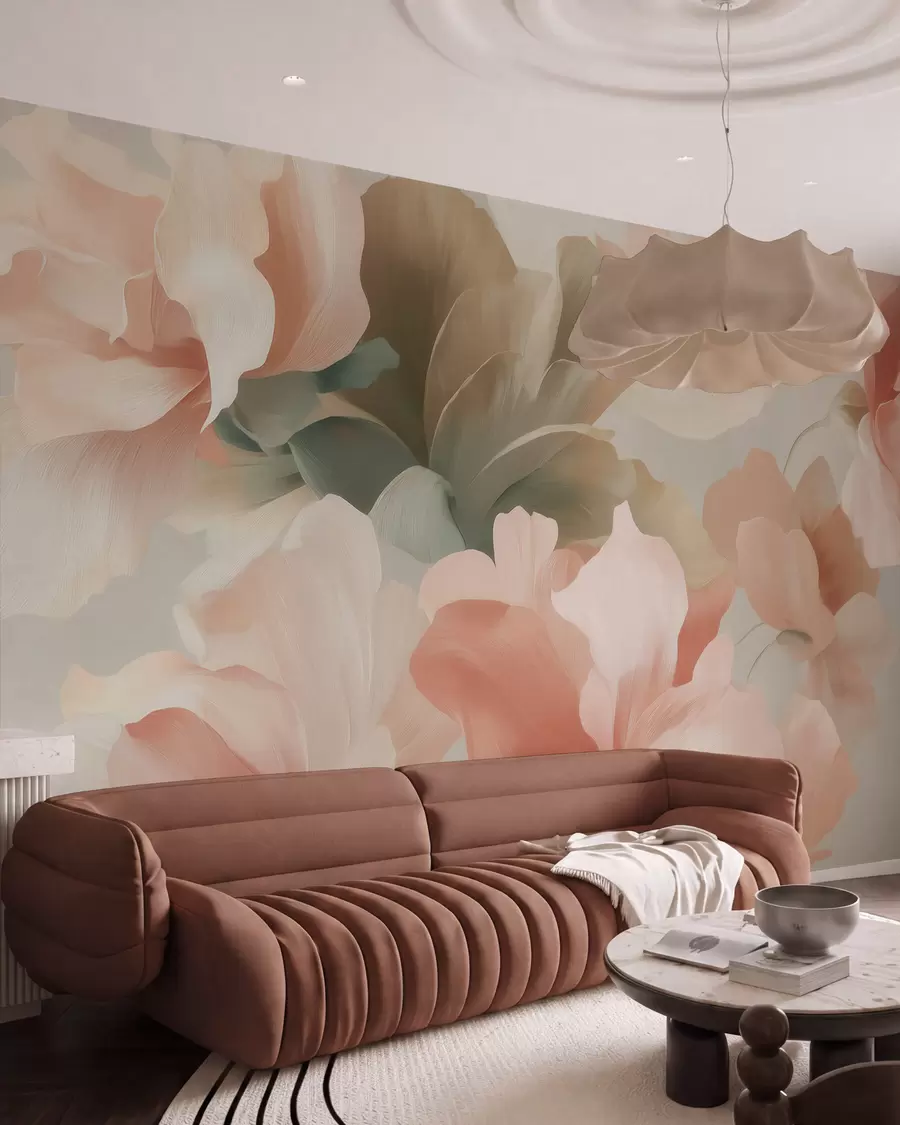 Fotobehang Grote, kunstzinnige bloemen in zachte pasteltinten van crème, roze en groen w09935