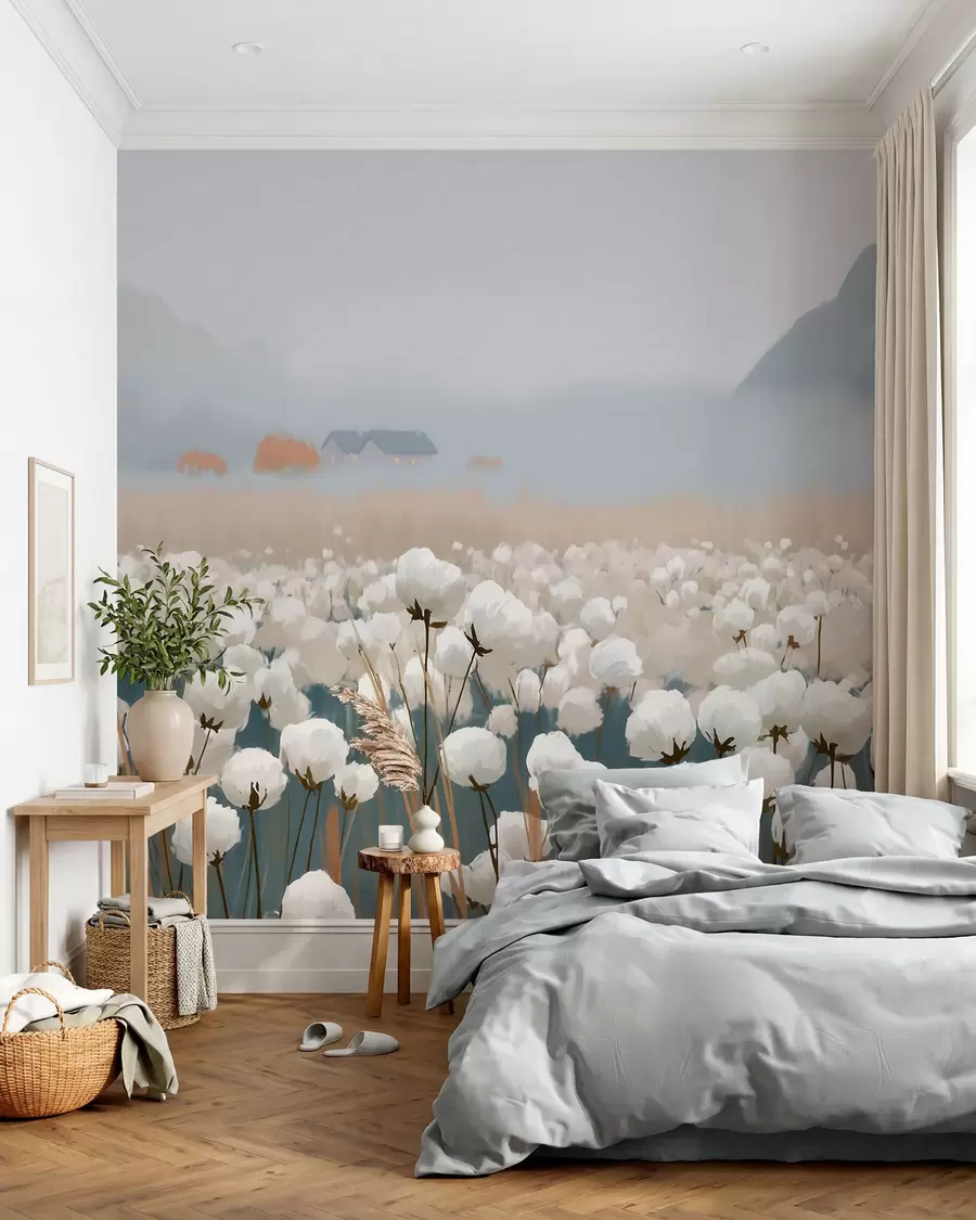 Papier peint photo Champ de coton dans un paysage brumeux du Nord, style pictural w09934