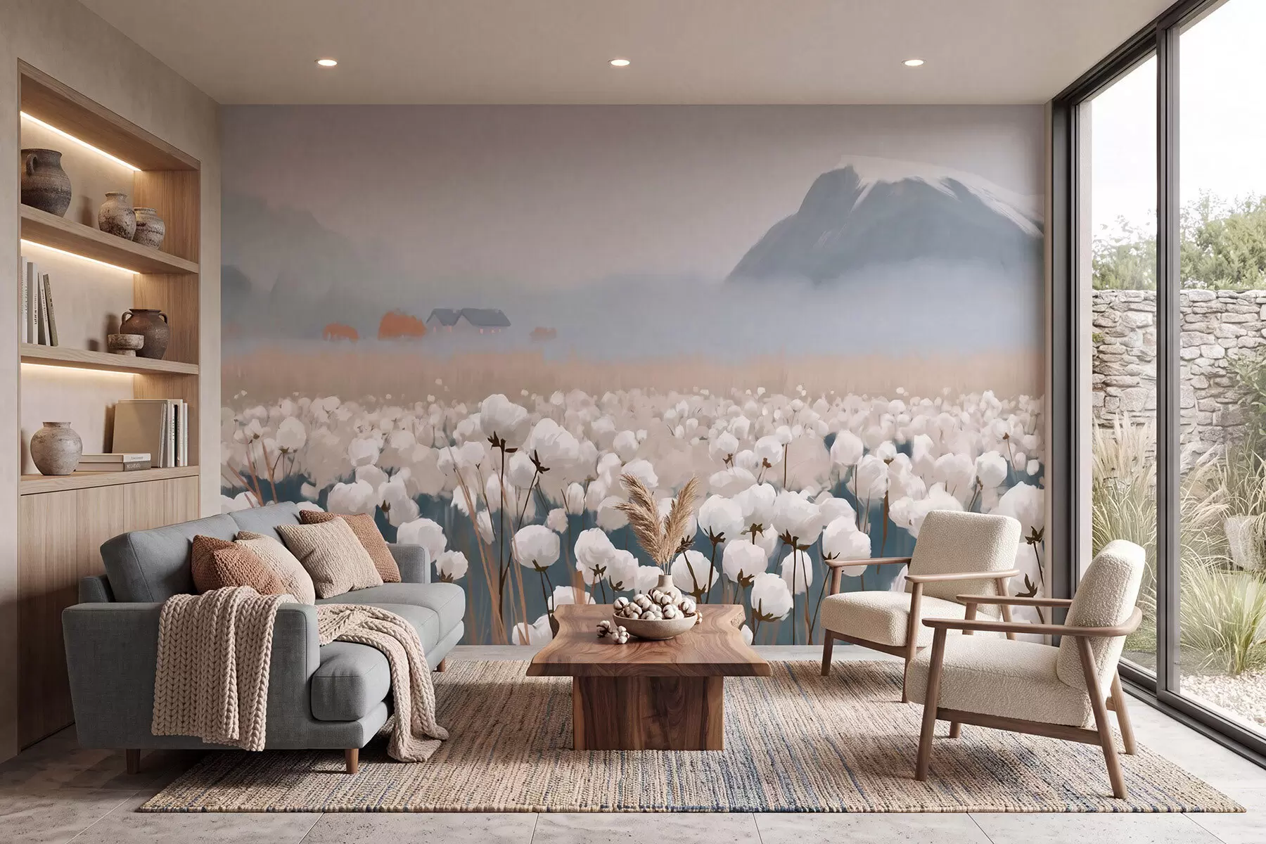 Papier peint photo Champ de coton dans un paysage brumeux du Nord, style pictural w09934