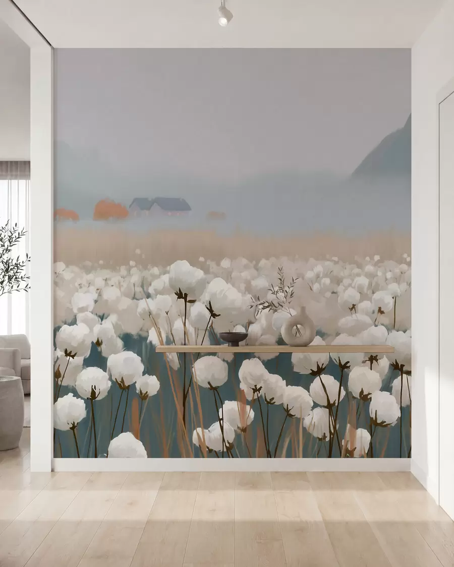 Fotobehang Katoenveld in een mistig noordelijk landschap, in schilderachtige stijl w09934
