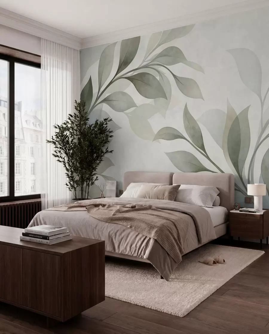 Fotobehang Grote bladeren in zachte groene en blauwe tinten w05693