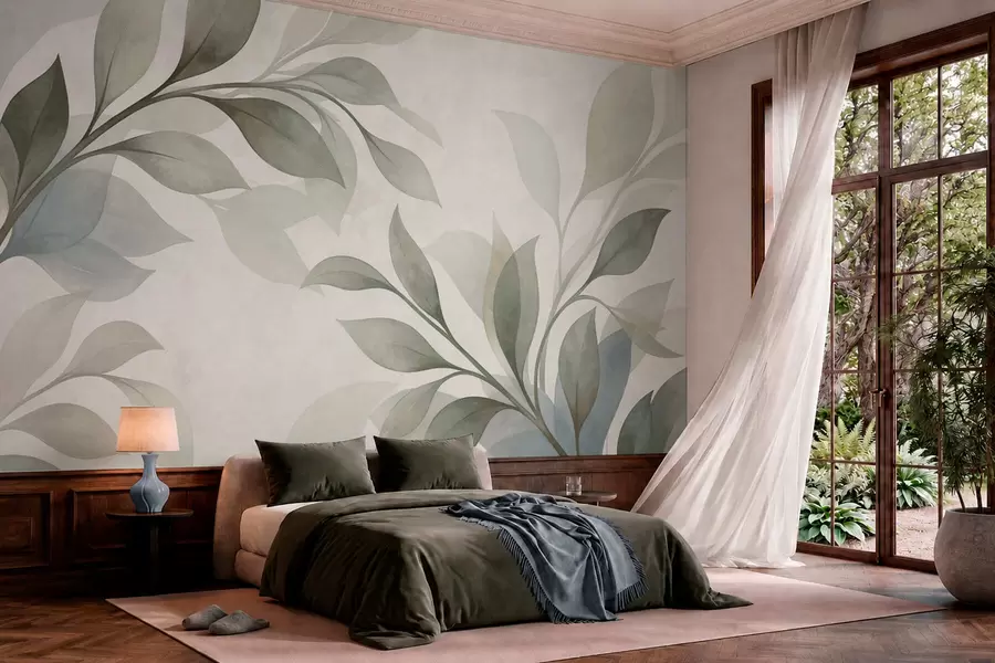 Fotobehang Grote bladeren in zachte groene en blauwe tinten w05693