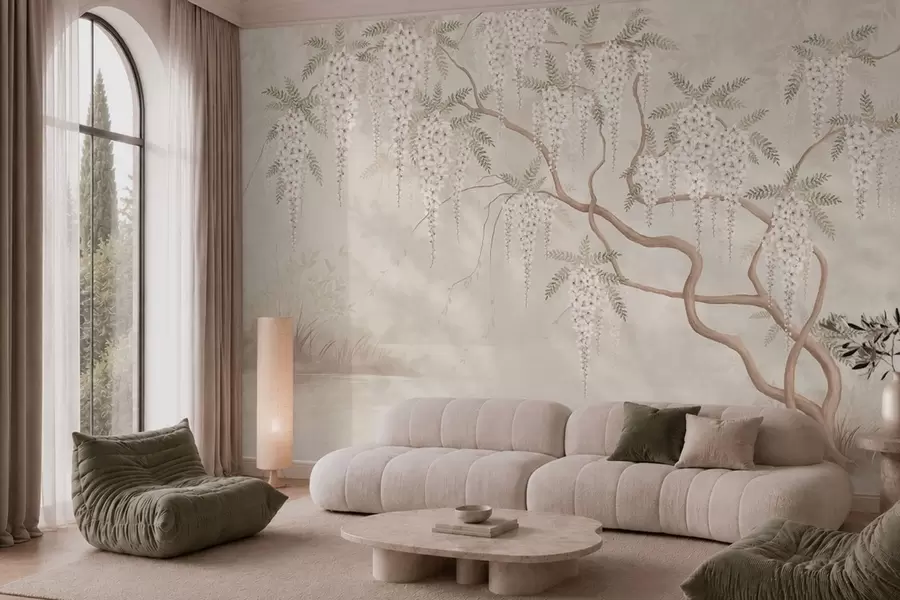 Fotobehang Witte bloesems die boven het rustige water neerdalen w05694