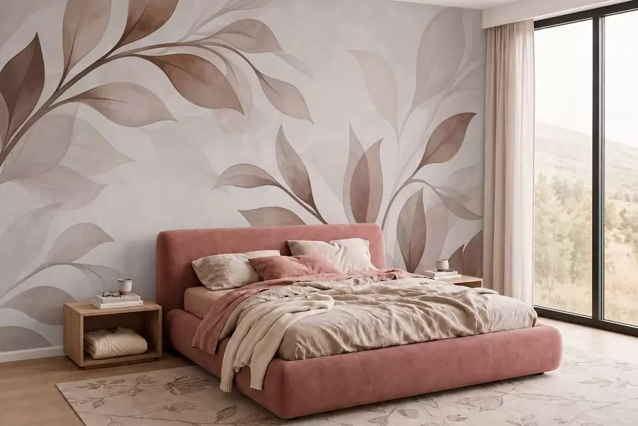 Fotobehang Grote bladeren in warme beige- en bruintinten w05693v1