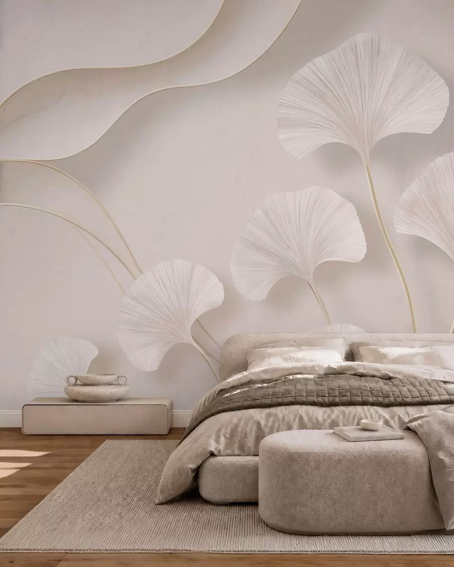 Fotobehang Lichtgekleurde ginkgobladeren tegen een zachte marmeren achtergrond w05734v1