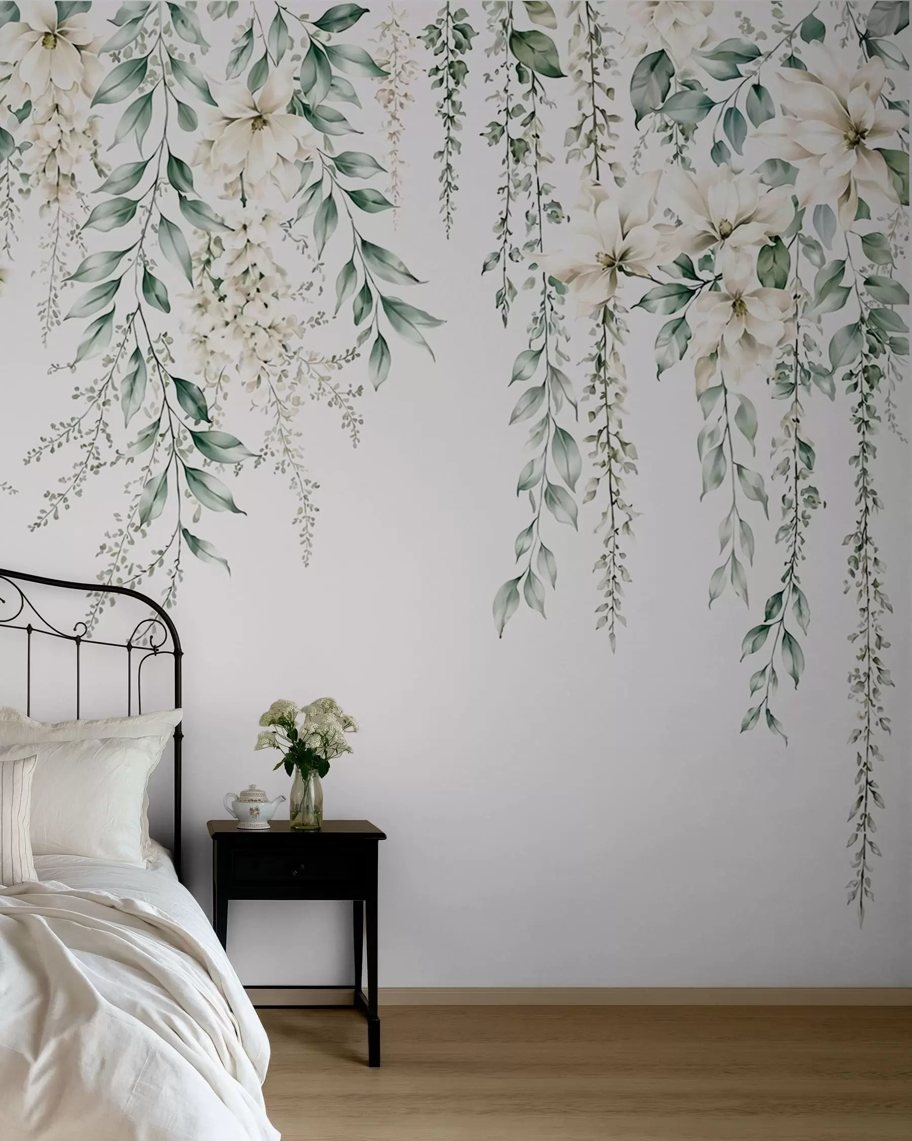 Fotobehang Overlappende bloemen en groen blad op een lichte achtergrond w05736