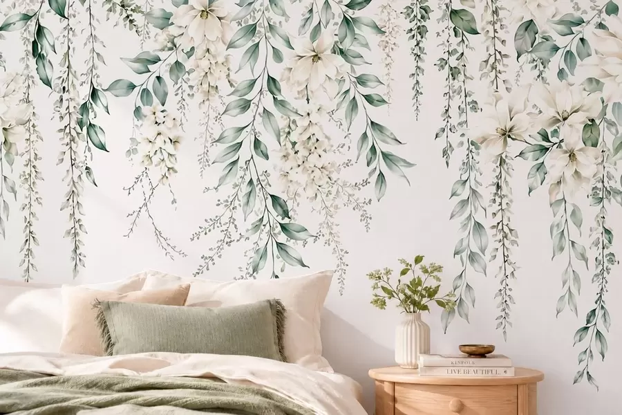 Fotobehang Overlappende bloemen en groen blad op een lichte achtergrond w05736