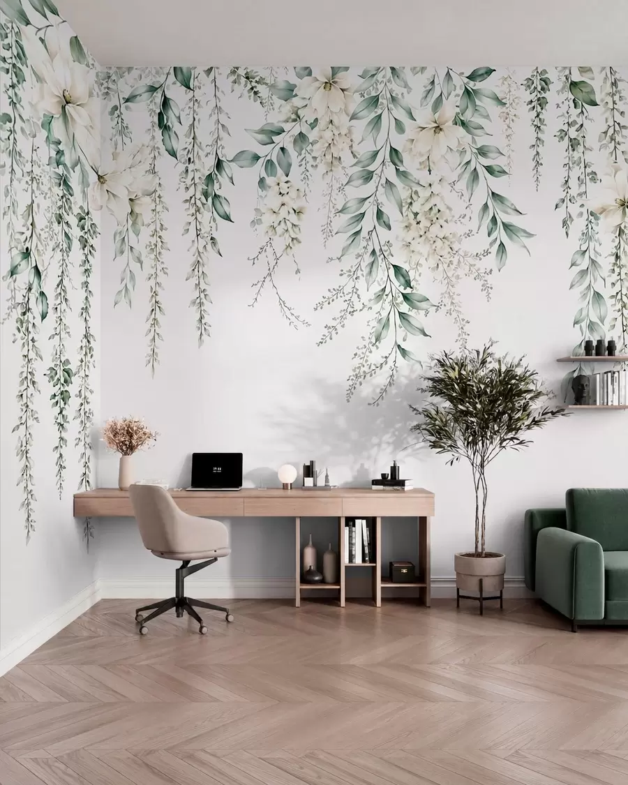 Fotobehang Overlappende bloemen en groen blad op een lichte achtergrond w05736