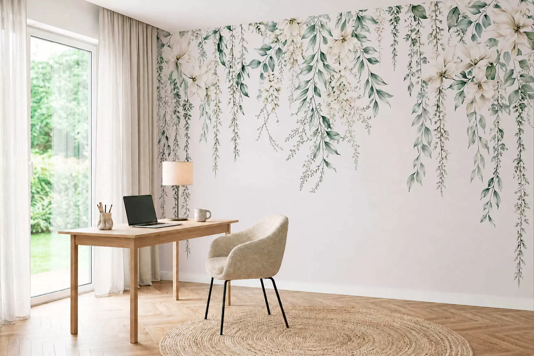 Fotobehang Overlappende bloemen en groen blad op een lichte achtergrond w05736
