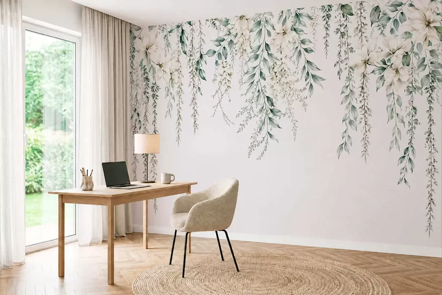 Fotobehang Overlappende bloemen en groen blad op een lichte achtergrond w05736