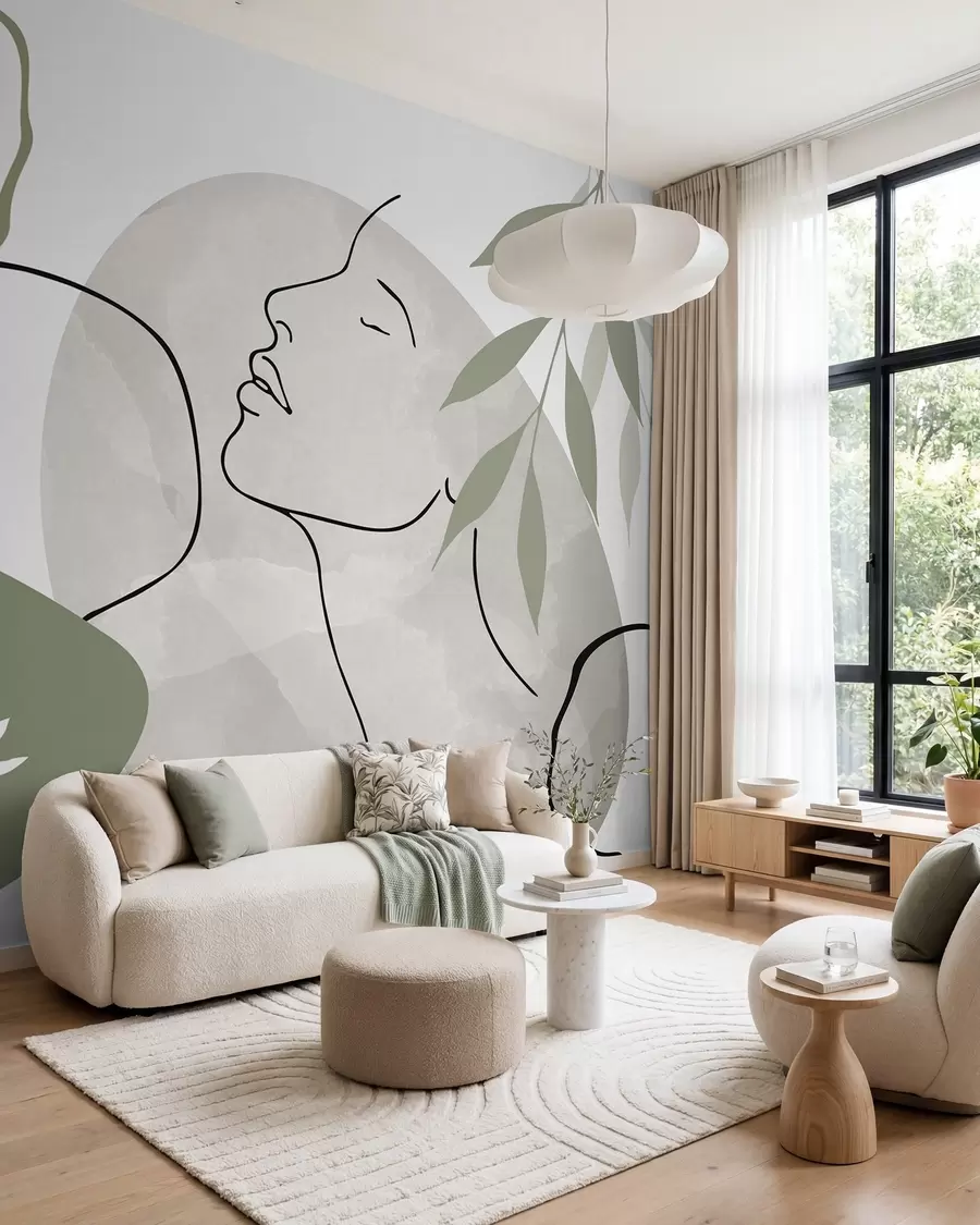 Fotobehang Abstracte voorstelling met begroeiing en het silhouet van een gezicht w05776v1