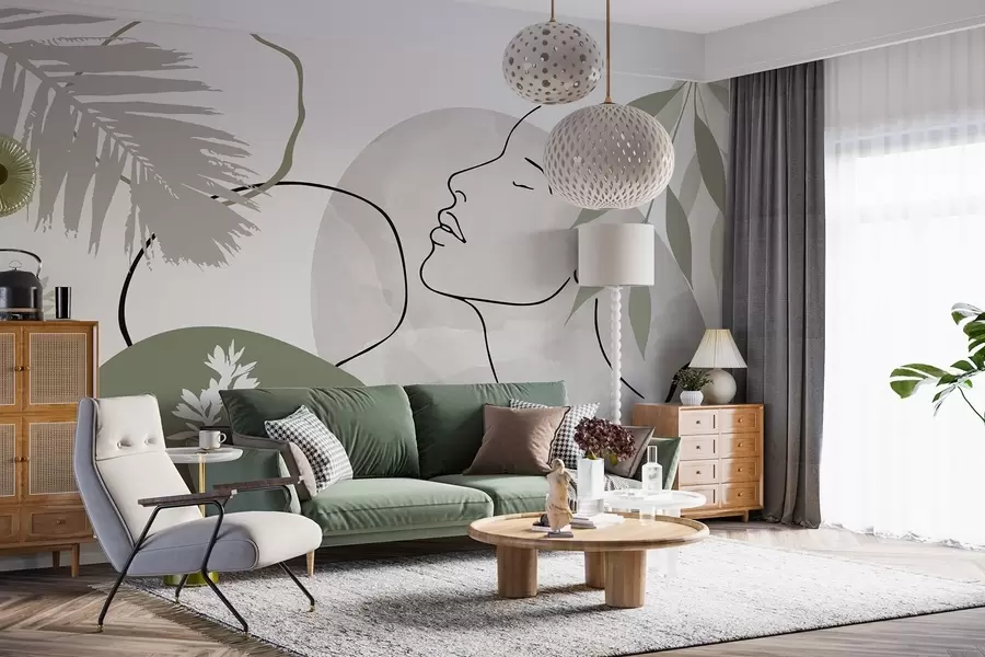 Fotobehang Abstracte voorstelling met begroeiing en het silhouet van een gezicht w05776v1