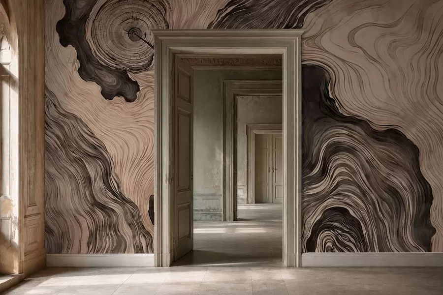 Fotobehang Een abstract patroon met een lineair houtnerfmotief w05729