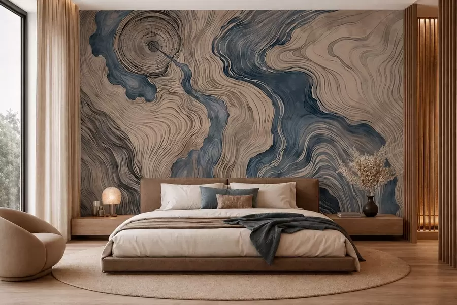 Fotobehang Een abstract patroon met een lineair houtnerfmotief in blauwtinten w05729v1