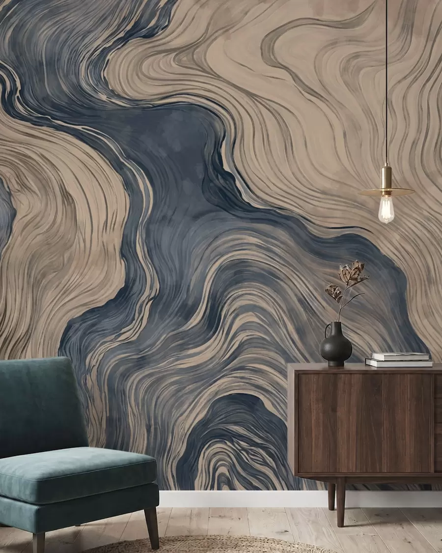 Fotobehang Een abstract patroon met een lineair houtnerfmotief in blauwtinten w05729v1