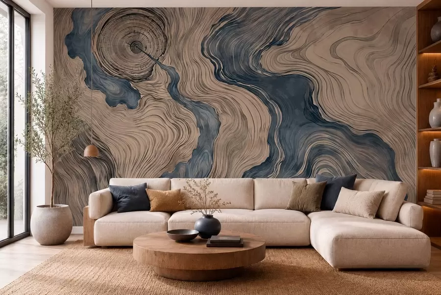 Fotobehang Een abstract patroon met een lineair houtnerfmotief in blauwtinten w05729v1