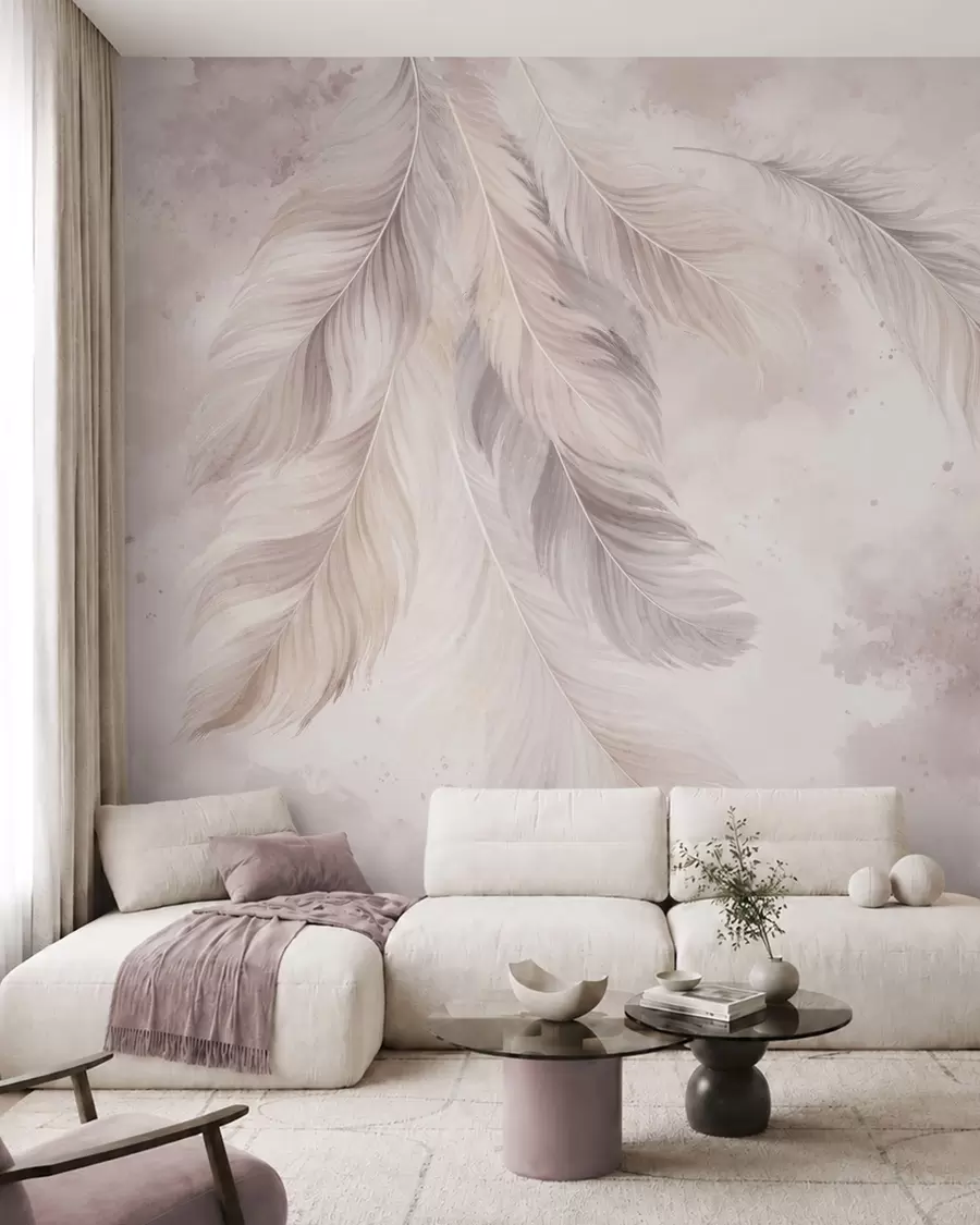 Papier peint photo Des plumes délicates sur un fond d'aquarelle aux tons pastel w05737