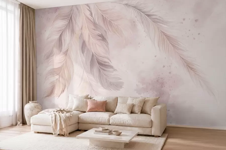Fotobehang Fijne veren tegen een pastelkleurige aquarelachtergrond w05737