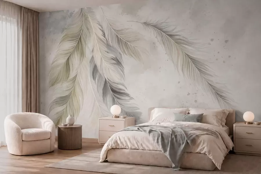 Fotobehang Lichtgekleurde veren op een zachte aquarelachtergrond w05737v1