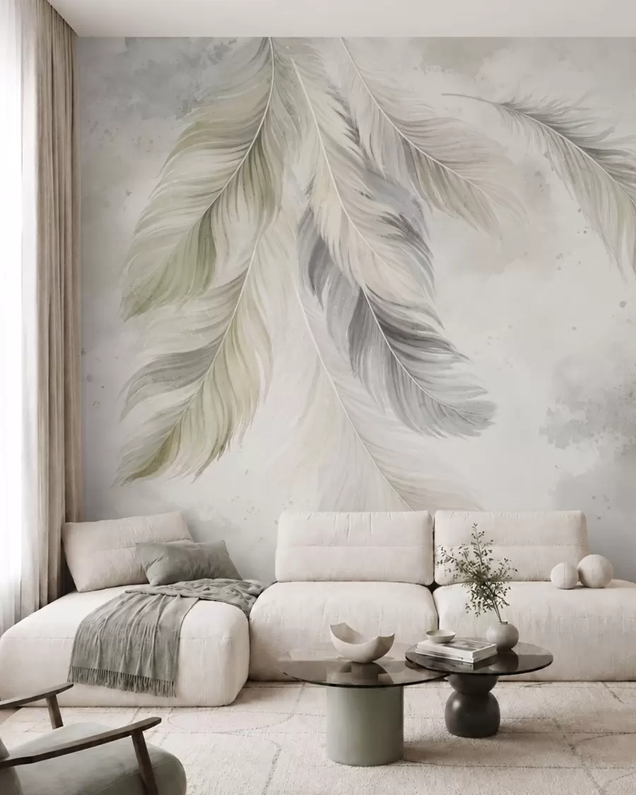 Papier peint photo Des plumes de couleur claire sur un fond aquarelle aux tons doux w05737v1