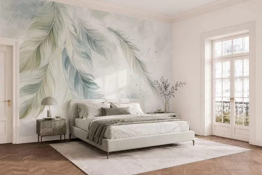 Fotobehang Lichtgekleurde veren op een delicate aquarelachtergrond w05737v2