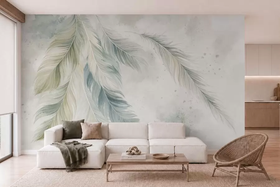 Fotobehang Lichtgekleurde veren op een delicate aquarelachtergrond w05737v2