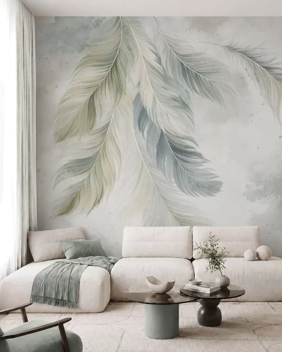 Fotobehang Lichtgekleurde veren op een delicate aquarelachtergrond w05737v2