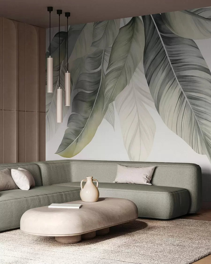 Fotobehang Grote, lichtgroene bananenbladeren met gedetailleerde nerven, kunst met textuur, lichte achtergrond w09941
