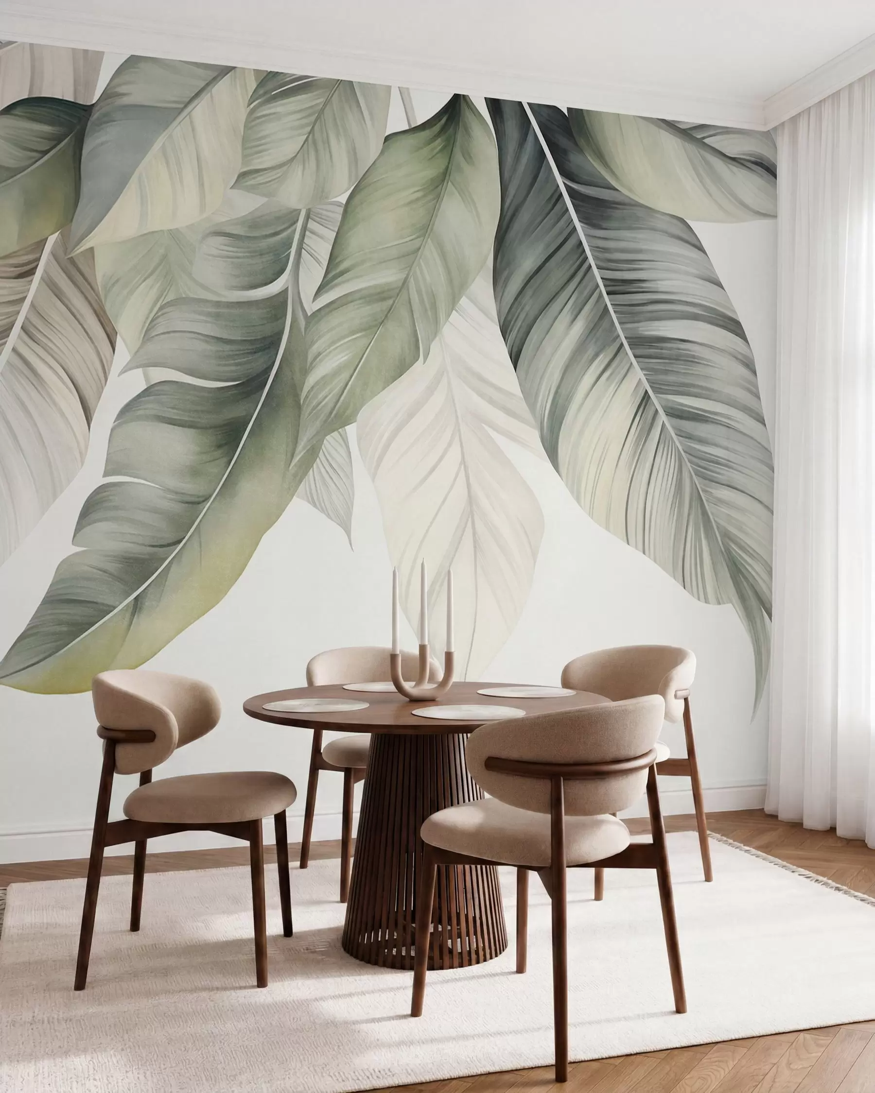 Fotobehang Grote, lichtgroene bananenbladeren met gedetailleerde nerven, kunst met textuur, lichte achtergrond w09941