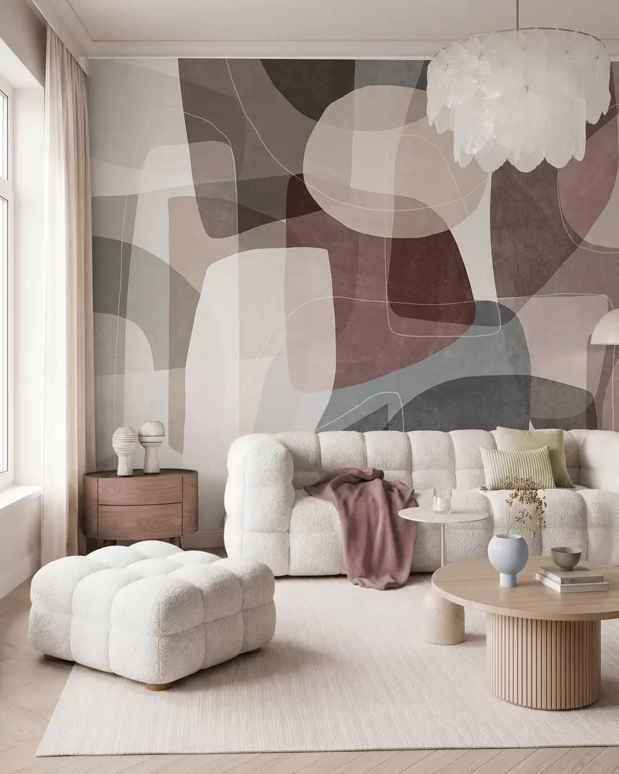 Fotobehang Abstracte vormen in ingetogen aardetinten met dunne witte lijnen en overlappende texturen w09942