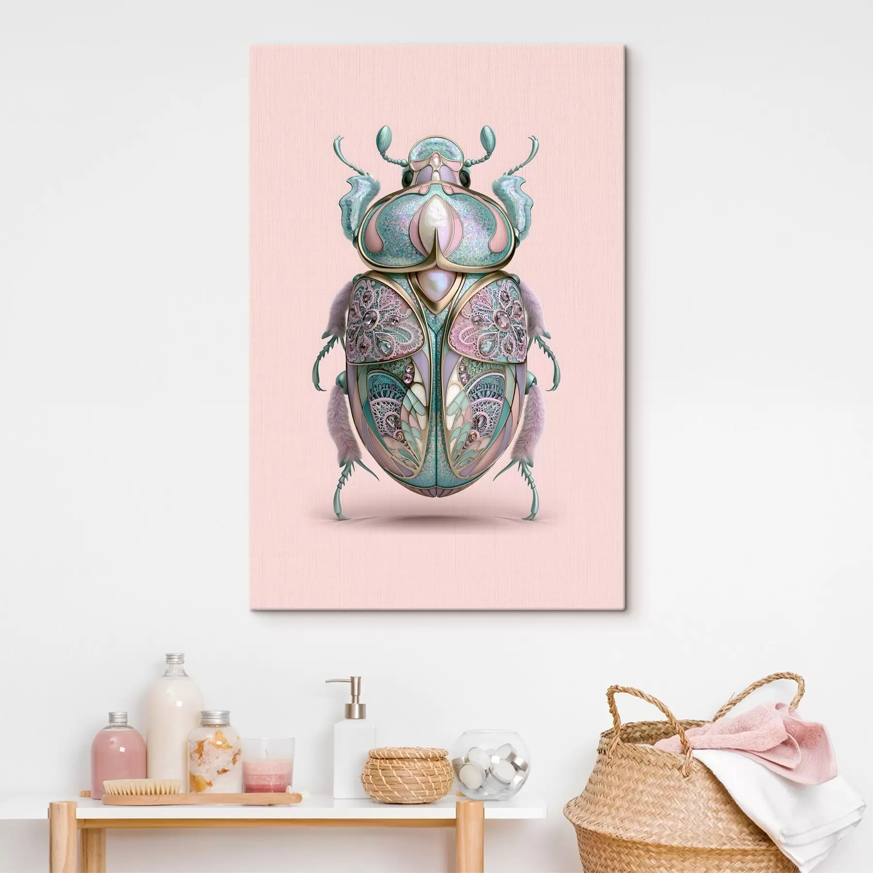  Peintures Un coléoptère conçu pour ressembler à un bijou précieux sur fond rose s49863