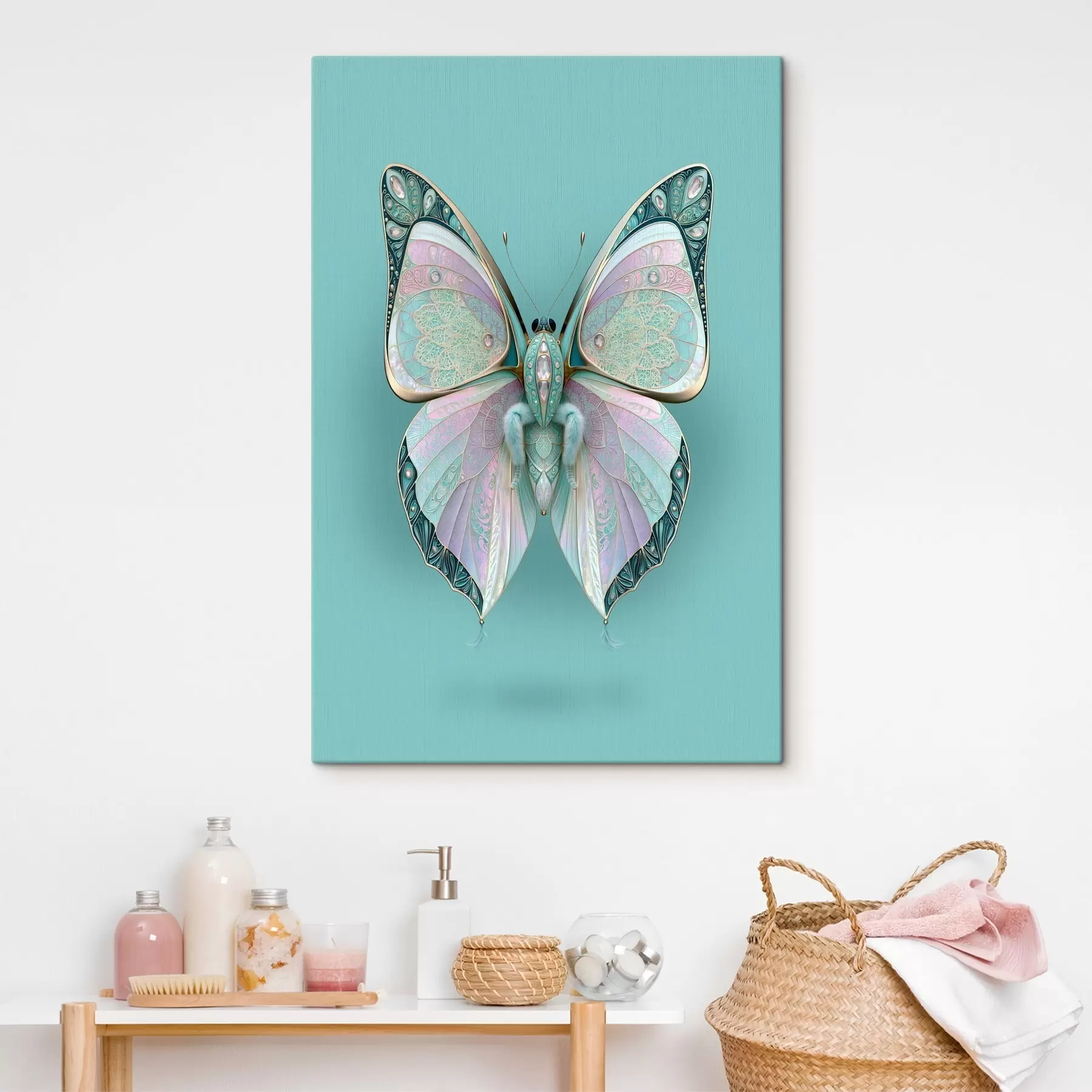  Peintures Un papillon dans le style des bijoux précieux, sur fond turquoise s49864