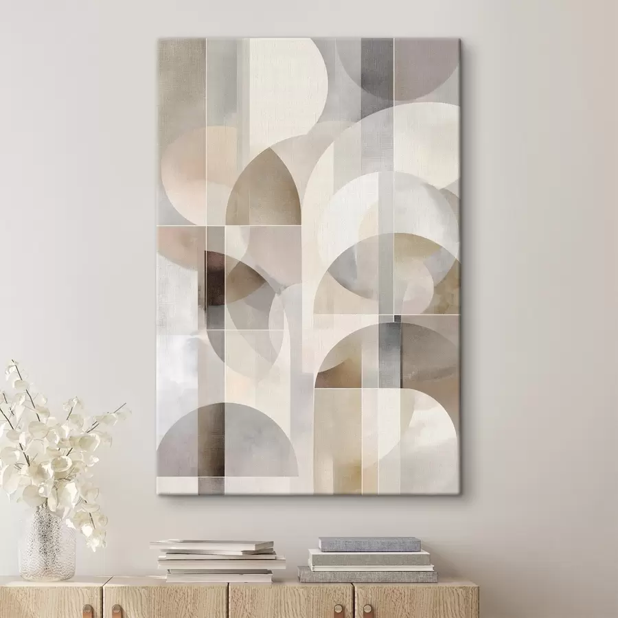  Peintures Une composition minimaliste, géométrique et abstraite, déclinée dans une palette de nuances douces de beige, crème, gris-brun et gris-beige s49877