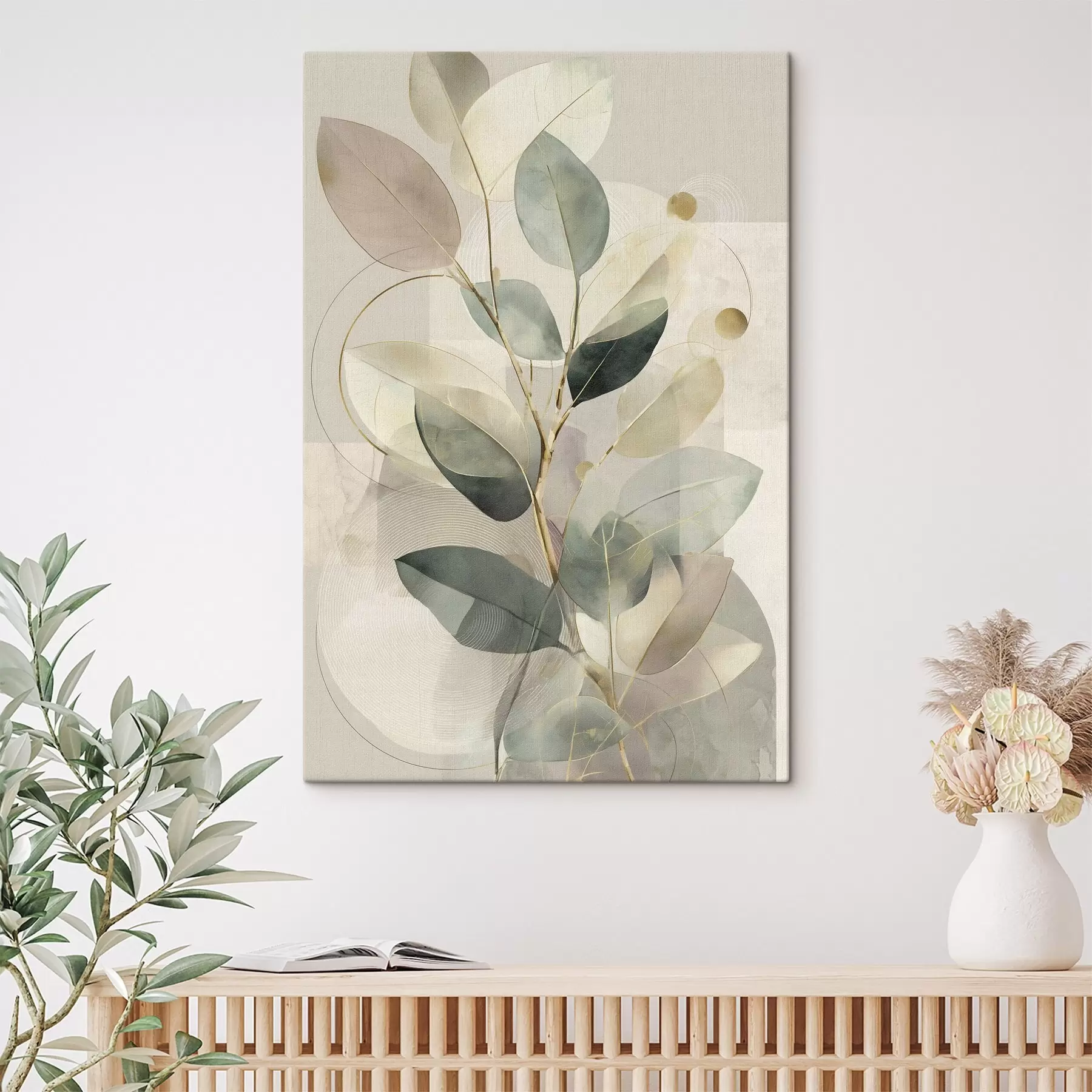  Peintures Œuvre d'art abstraite minimaliste sur le thème botanique, représentant une élégante branche d'olivier aux feuilles d'un vert sauge délicat et d'un beige chaleureux s49878