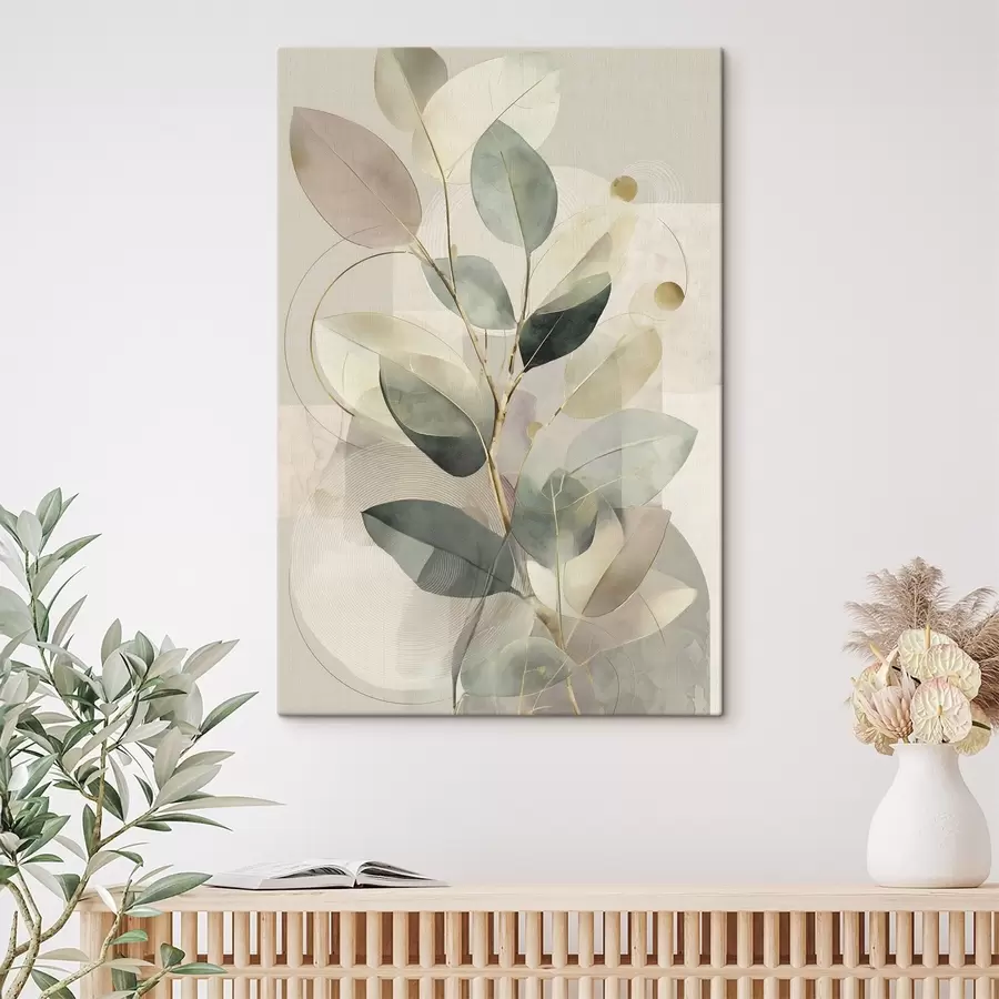  Peintures Œuvre d'art abstraite minimaliste sur le thème botanique, représentant une élégante branche d'olivier aux feuilles d'un vert sauge délicat et d'un beige chaleureux s49878