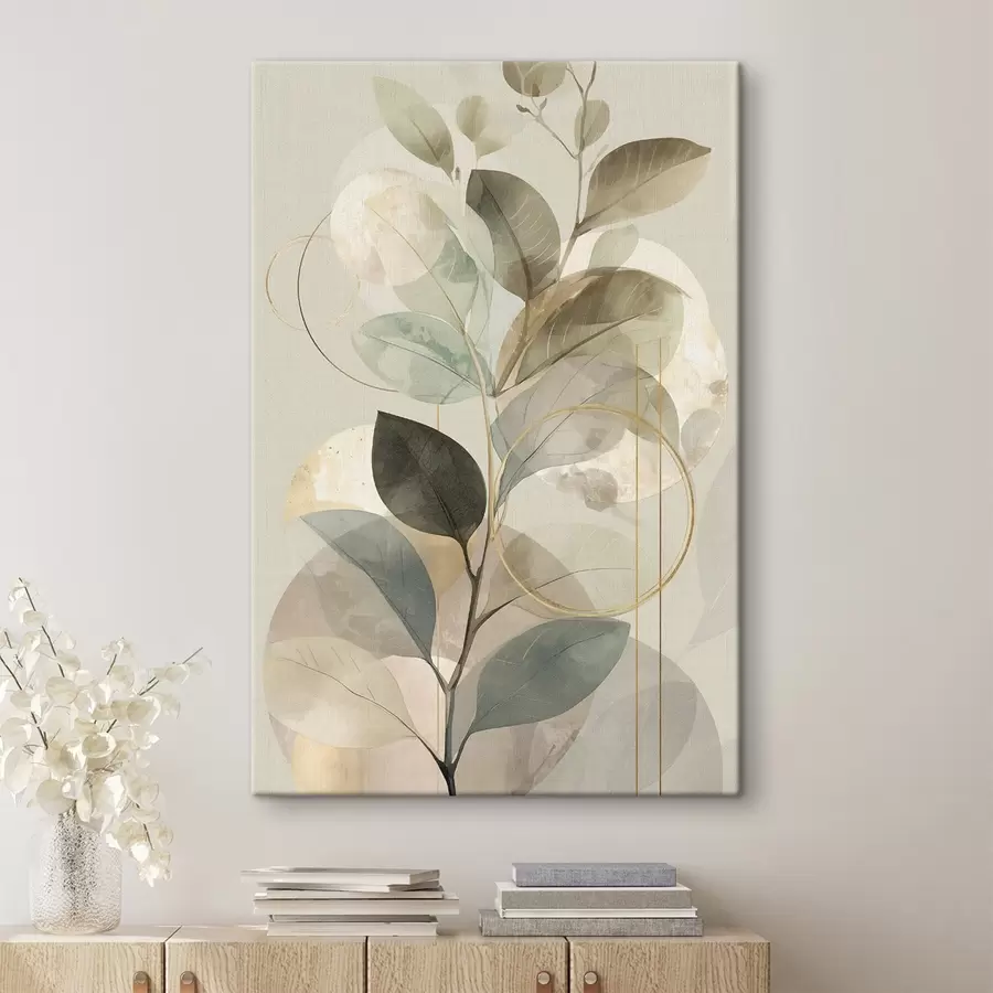  Peintures Œuvre d'art abstraite minimaliste sur le thème botanique, représentant une élégante branche d'olivier aux feuilles d'un vert sauge délicat et d'un beige chaleureux s49879