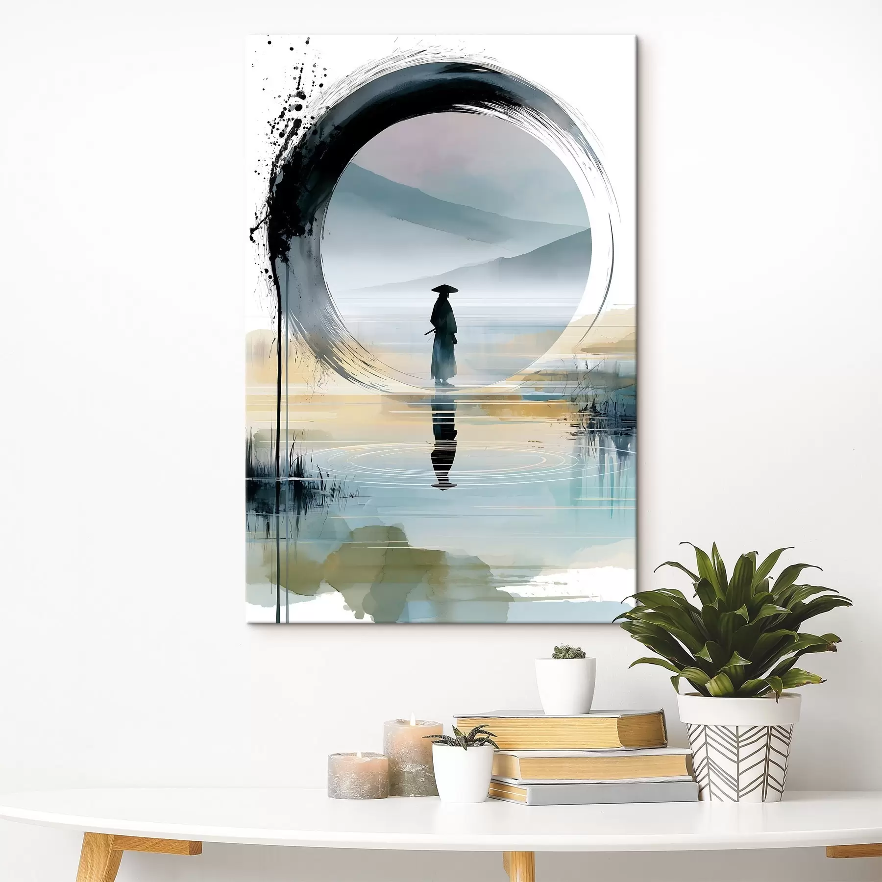  Schilderijen Een hedendaagse zen-illustratie met een samoerai, een enso-cirkel, een landschap in aquarel en een spiegelbeeld s49880