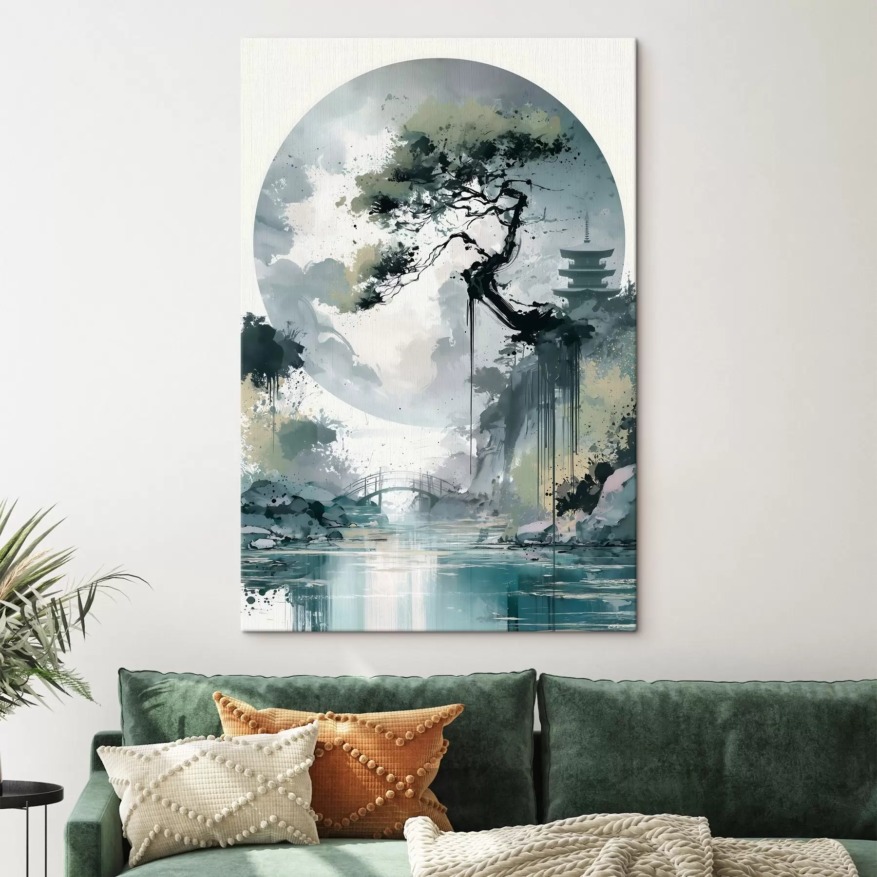  Peintures Un paysage japonais de style sumi-e représentant un pin élancé, un pont et une pagode se détachant sur des eaux calmes s49881