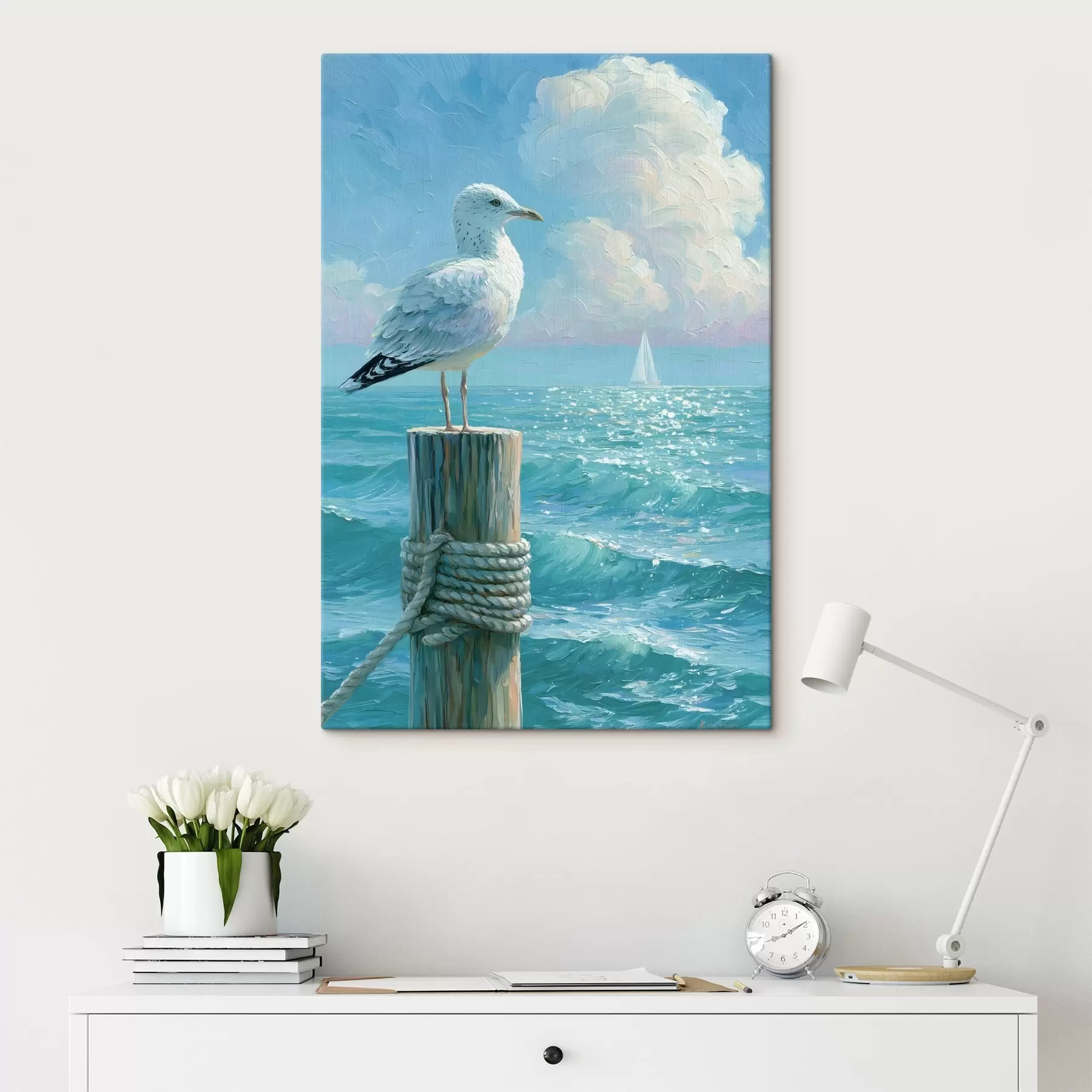 Peintures Une majestueuse mouette perchée sur un poteau de jetée en bois patiné par les intempéries, peinte dans un style à l'empâtement s49882