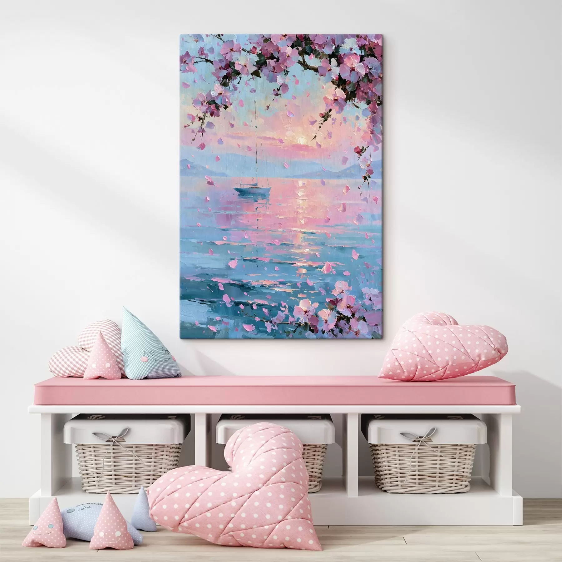  Peintures Un élégant yacht blanc en mer au coucher du soleil, sous les branches fleuries d'un cerisier rose, dans le style d'une peinture à l'huile s49883
