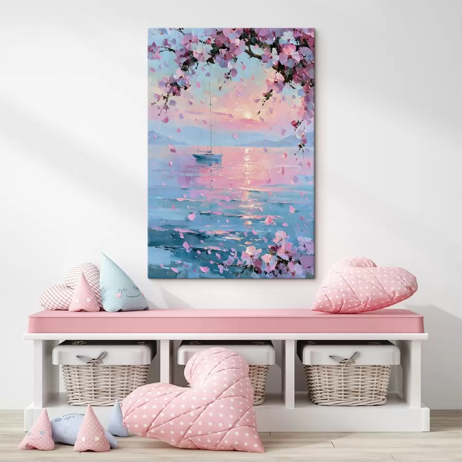  Peintures Un élégant yacht blanc en mer au coucher du soleil, sous les branches fleuries d'un cerisier rose, dans le style d'une peinture à l'huile s49883
